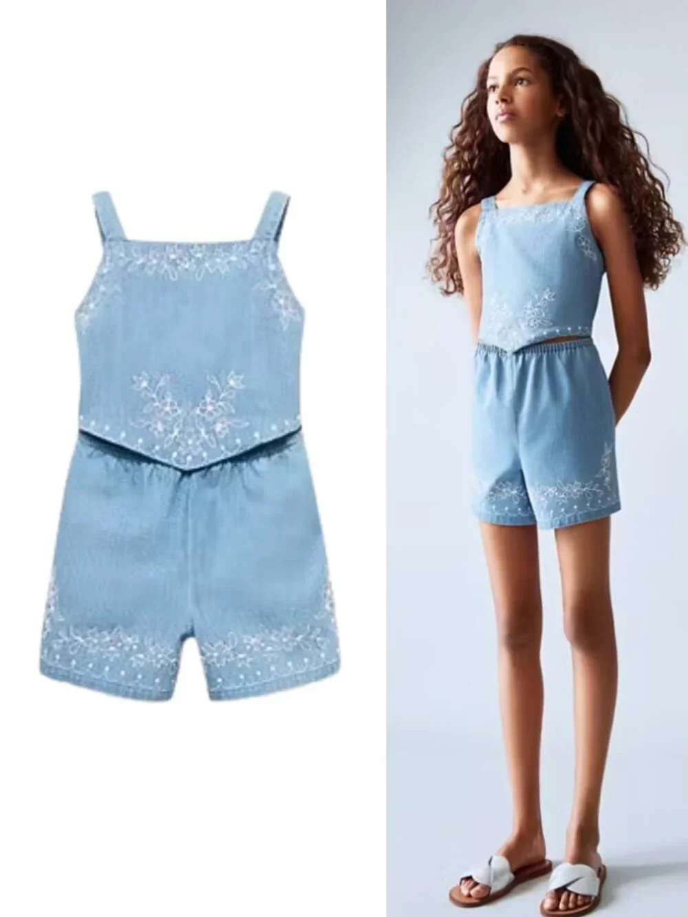 NEW Mango Kids Denim Embroidered Floral Jumper Bib Shorts Outfit Sz 11 or 12